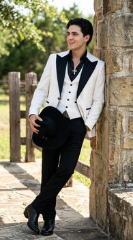 Men’s White Cowboy Tuxedo with Black Satin Lapel – Western Formal Suit with Matching Vest