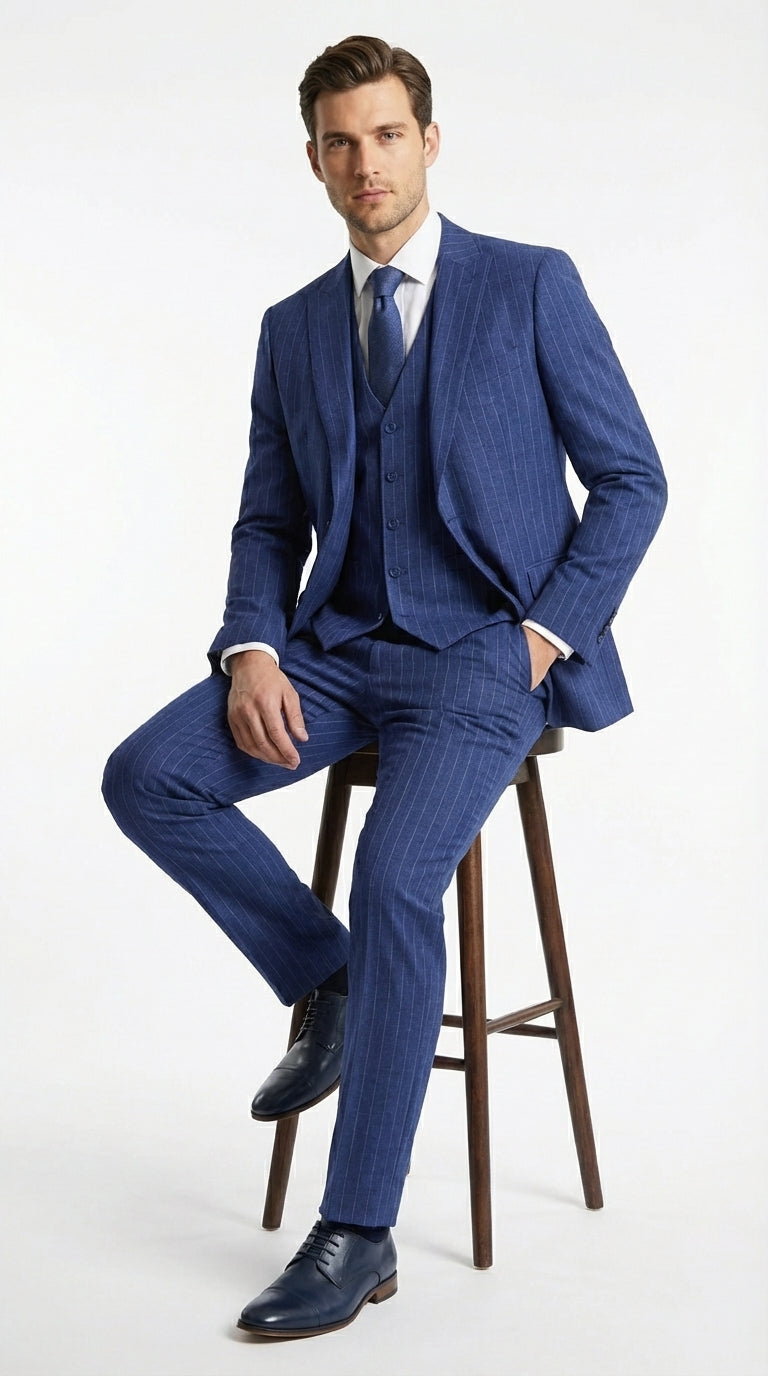 Men’s Cobalt Blue 3 Piece Suit – Indigo Light Blue Pinstripe Formal Suit with Vest for Wedding, Business Two buttons Modern Fit