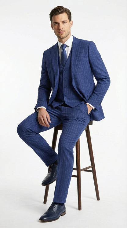 Men’s Cobalt Blue 3 Piece Suit – Indigo Light Blue Pinstripe Formal Suit with Vest for Wedding, Business Two buttons Modern Fit