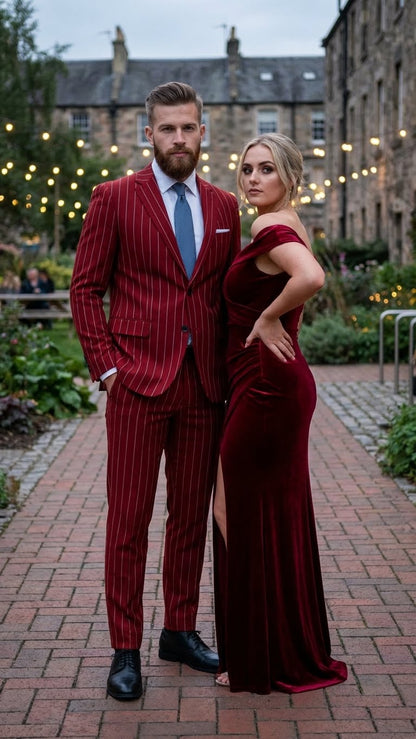 Men’s Red Pinstripe Suit – Stripe Two-Button Vested Suit 2 Buttons