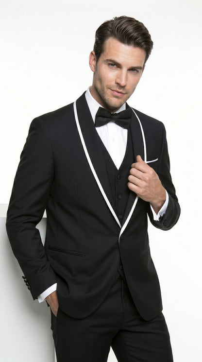 Men’s Black 1 Button Blazer with Shawl Lapel and White Trim, Formal Dinner Jacket Sport Coat