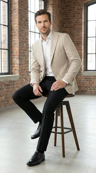 Zacchi Men’s Beige Hopsack Blazer – Classic Two Button Sport Coat with Peak Lapel Formal Jacket