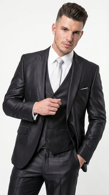 Men’s Black Three Piece Suit –3PC Formal Suit with Vest for Wedding, Prom and Business Events Sharkskin Shiny Fabric  Modern Fit