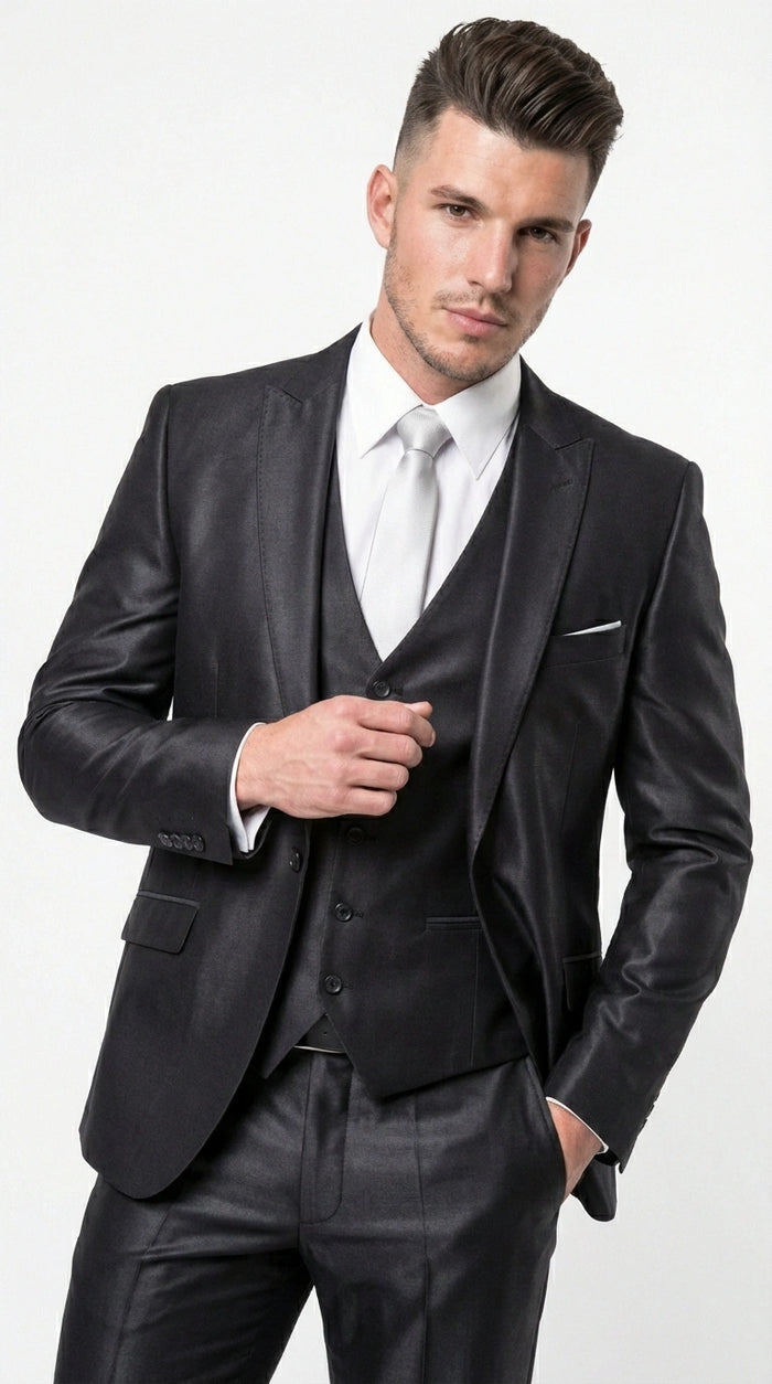 Men’s Black Three Piece Suit –3PC Formal Suit with Vest for Wedding, Prom and Business Events Sharkskin Shiny Fabric  Modern Fit