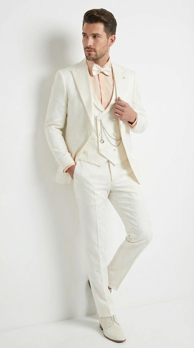 Vinci Men’s Ivory Three Piece Suit – Ivory 3PC Formal Wedding Suit for Groom, Prom and Black Tie Events  Modern Fit