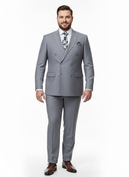 Mens Grey Tone on Tone Double-Breasted Suit – Classic Slim Fit 2 Piece Formal Business Gray Shadow Stripe - Image 6