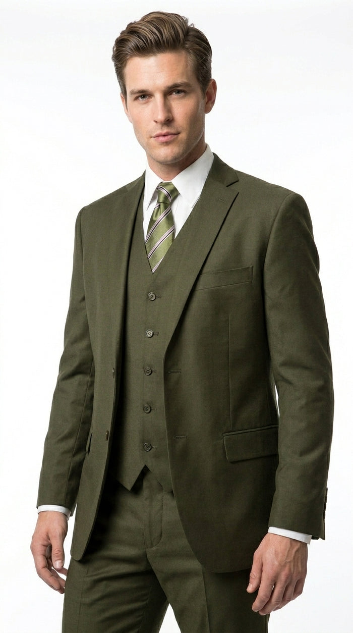 Men’s Olive 3 Piece Suit with Blazer, Vest and Pants, Formal Wedding Business Dress Suit
