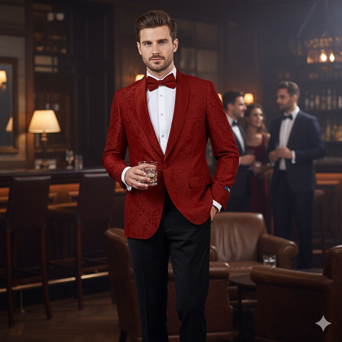 Big and Tall Men’s Burgundy Paisley Tuxedo Jacket – Satin Shawl Lapel Blazer with Bow Tie for Weddings, Proms, and Special Events - Image 6