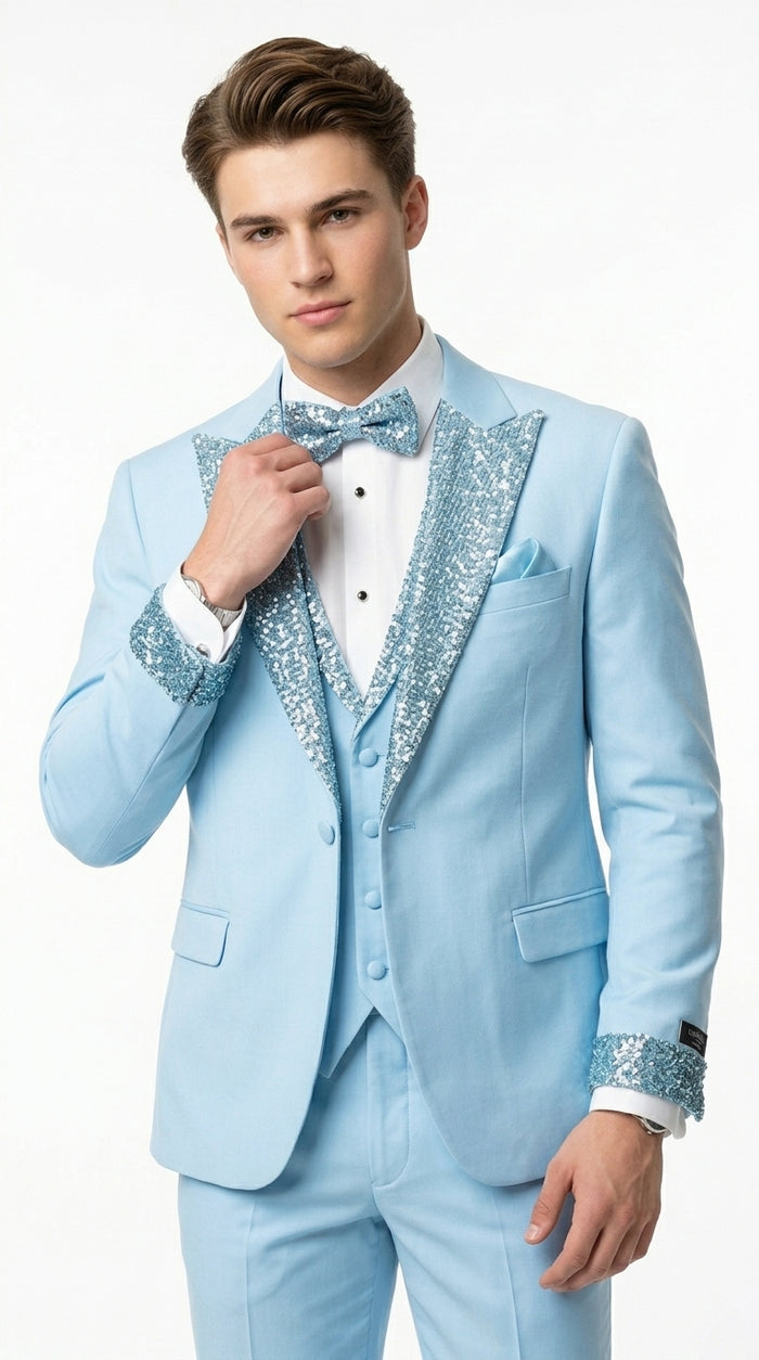 Sky Blue Prom Tuxedo - Perfect Wedding Suit Vested Rhinestone sequin Lapelled