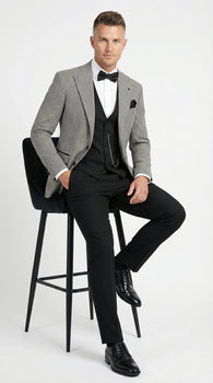 Men’s Black and White Houndstooth Gatsby Inspired Suit – Vintage Style Formal Suit for Wedding, Prom and Classic Events Blazer + Black vest + Black Pants