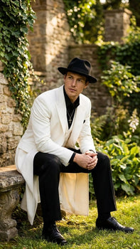 Mens White Long Zoot Suit Costume Set with Black Pants – Wedding, Prom and Party Outfit 1920s - 1930s Gangster Style