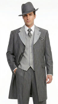 Men’s Grey Pinstripe Zoot Suit 3 Piece – 1920s Gangster Vintage Wide Lapel Suit with Vest for Wedding, Party