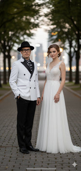 Men’s White and Black Double-Breasted Tuxedo – Modern Slim Fit Formal Suit for Weddings, Parties, and Special Occasions