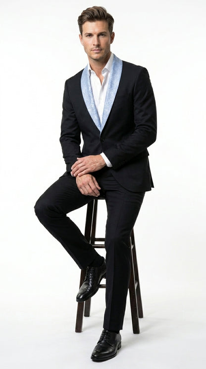 Men’s Black Suit with Light Blue Lapel – Modern Formal Tuxedo Style Suit for Wedding, Prom, Party and Sky Powder Blue Color
