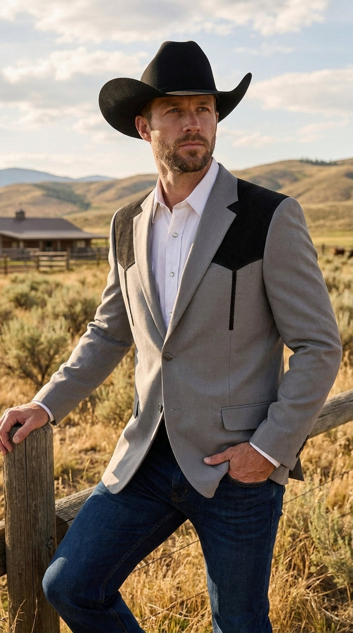 Men’s Grey Western Blazer with Black Suede Yoke – Cowboy Sport Coat for Rodeo, Country Wedding & Ranch Wear