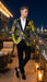 Men’s Yellow Tuxedo Black and Gold Floral Pattern Blazer | Formal Jacket - Prom Dinner Jacket + Black Pants + Bowtie