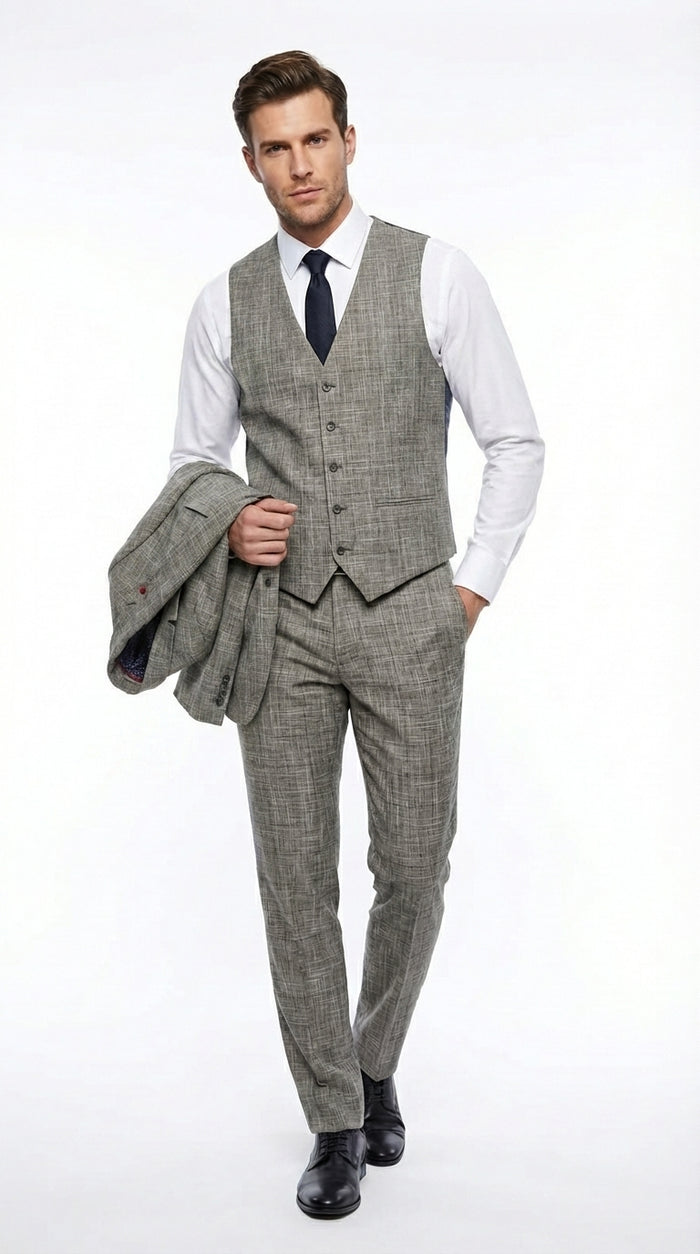 Vitali Brand Men’s Grey Textured Patterned 3 Piece Suit – Modern Fit Checkered Sharkskin with Blazer, Vest & Trousers, Business Wedding