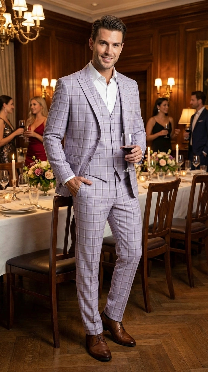 Men’s Lilac Lavender Windowpane Check 3 Piece Suit – Lilac Plaid Formal Suit with Vest for Wedding, Prom and Business Events  Modern Fit