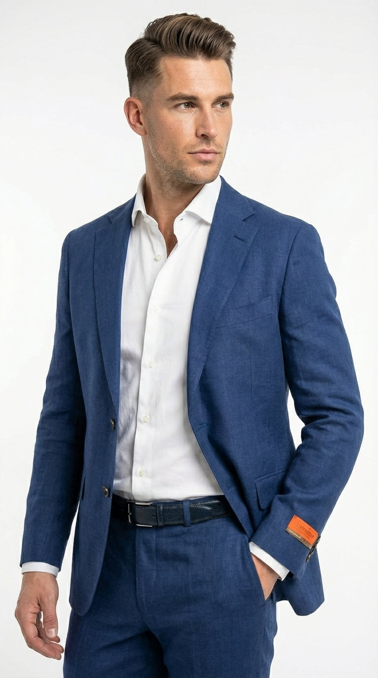 Mens Enzo Tovare Denim Blue Linen Summer Suit – Breathable Two Piece Suit for Wedding, Business, Travel Modern Fit