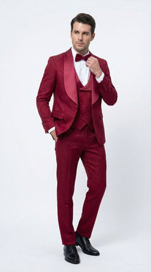 Mens Burgundy Wedding Tuxedo Suit – Paisley Three Piece Formal Suit Set with Shawl Lapel for Groom, Prom