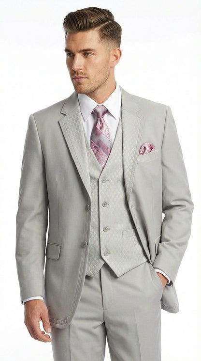 Men’s Light Gray 3 Piece Suit – Ice Silver Gray Formal Suit Set with Vest, Patterned Lapel and Tie for Wedding, Prom and Business Events  Modern Fit