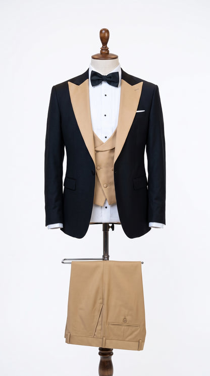 Men's Western Khaki Cowboy Tuxedo Suit – Black & Tan Beige  Peak Lapel 3-Piece Vested Formal Cowboy Suit
