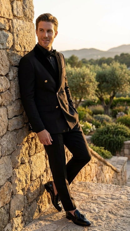 Men’s Black Double Breasted Tuxedo Suit – Luxury Formal Dinner Jacket Gold Buttons Velvet Lapel