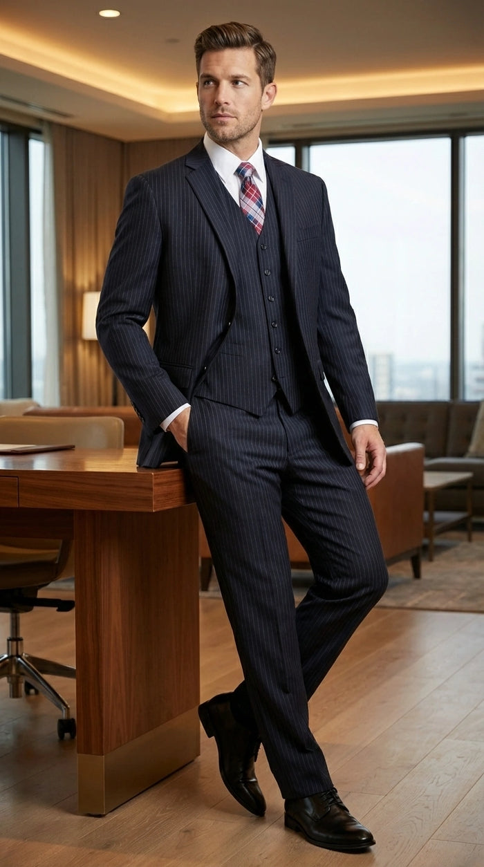Italian Made By Statment - 100% Wool Fabric Super 150's  Banker Pinstripe in Navy Charcoal Black 2 Button Suit Modern Fit 2 Buttons Notch Lapel