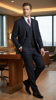 Italian Made By Statment - 100% Wool Fabric Super 150's  Banker Pinstripe in Navy Charcoal Black 2 Button Suit Modern Fit 2 Buttons Notch Lapel