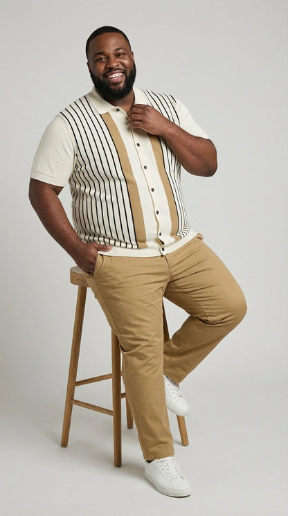 Mens Cream and Tan Striped Walking Suit plus Matching Pants  – Casual Summer Short Sleeve Shirt and Pants Outfit for Vacation, Travel and Everyday Wear