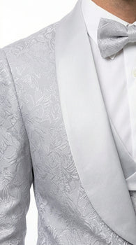 Mens Light Silver Wedding Tuxedo Suit – Paisley Fabric Three Piece Formal Suit Set with Shawl Lapel for Groom, Prom, Gala and ice Grey