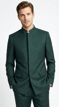 Men’s Olive Green Tuxedo Mandarin Collar Suit – Modern Nehru Style Formal Suit for Wedding Banded Collar