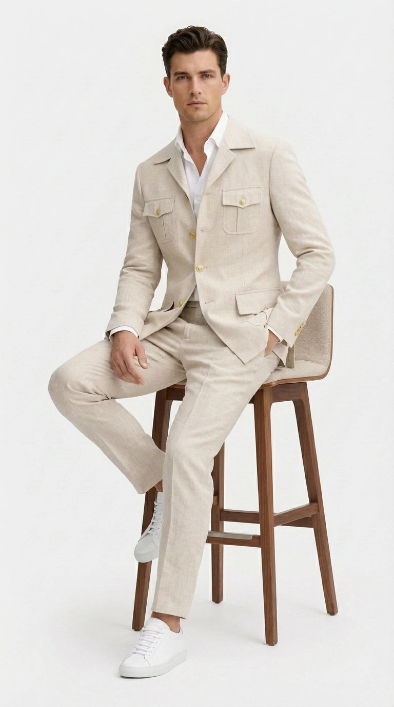 Mens Tan Beige Safari Military Walking Suit Set – Casual Two Piece Outfit Lightweight Summer Blazer and Pants Set Classic Casual Wear