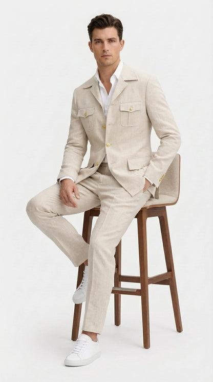 Mens Tan Beige Safari Military Walking Suit Set – Casual Two Piece Outfit Lightweight Summer Blazer and Pants Set Classic Casual Wear