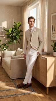 Mens Beige Seersucker Blazer – Lightweight Striped Summer Sport Coat Casual Smart Formal Blazer