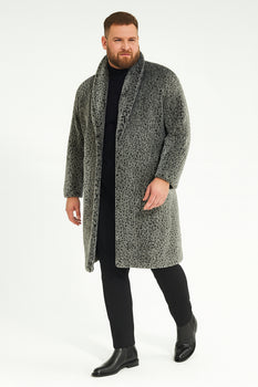 Men’s Luxury Long Grey Faux Fur Coat – Winter Overcoat with Animal Print Design