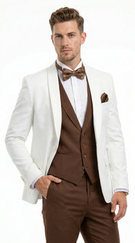Men’s Ivory and Brown 3 Piece Suit – Elegant White Blazer with Brown Vest and Trousers for Wedding, Prom and Formal Events in off White Cream + Bowtie