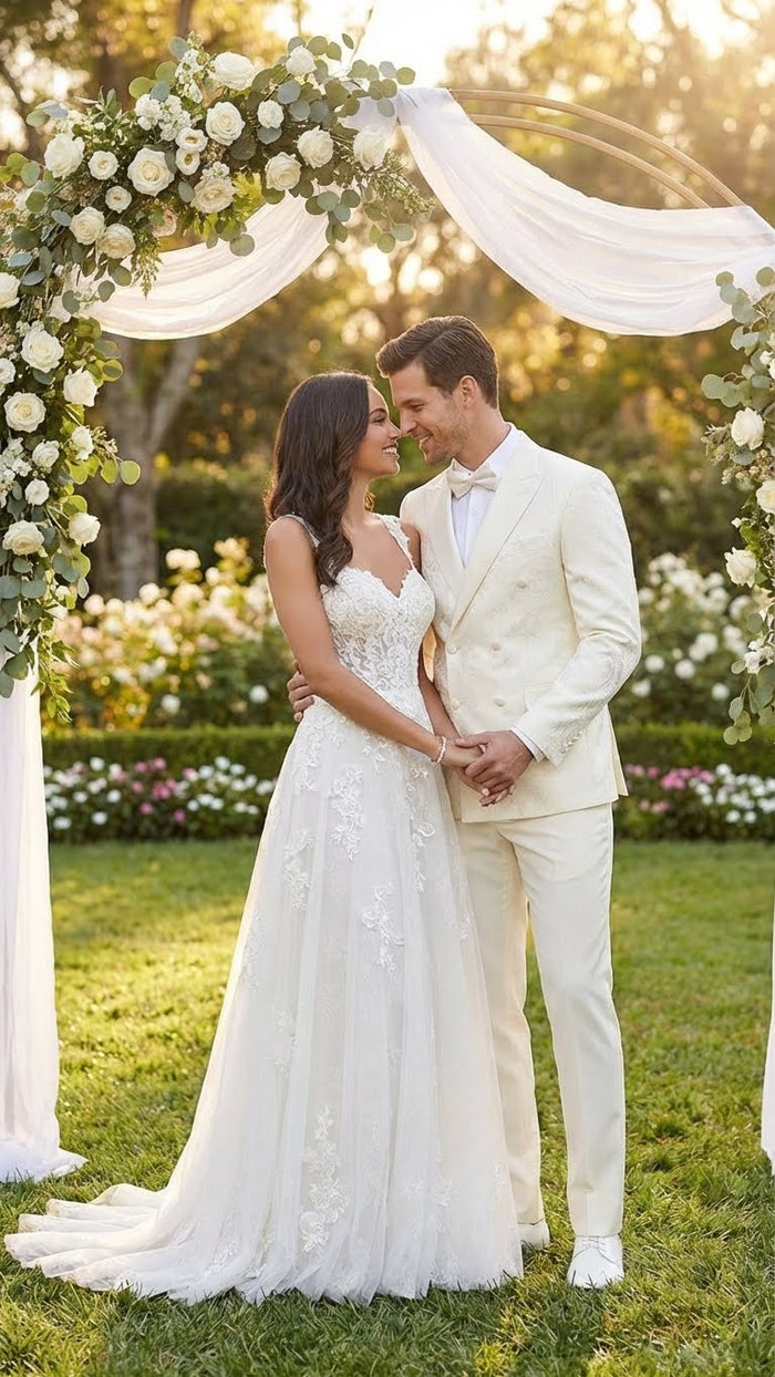 Men’s Ivory Double Breasted Tuxedo Dinner Jacket – Textured Blazer Paisley Texture Pattern in Off White Cream Color + Bowtie