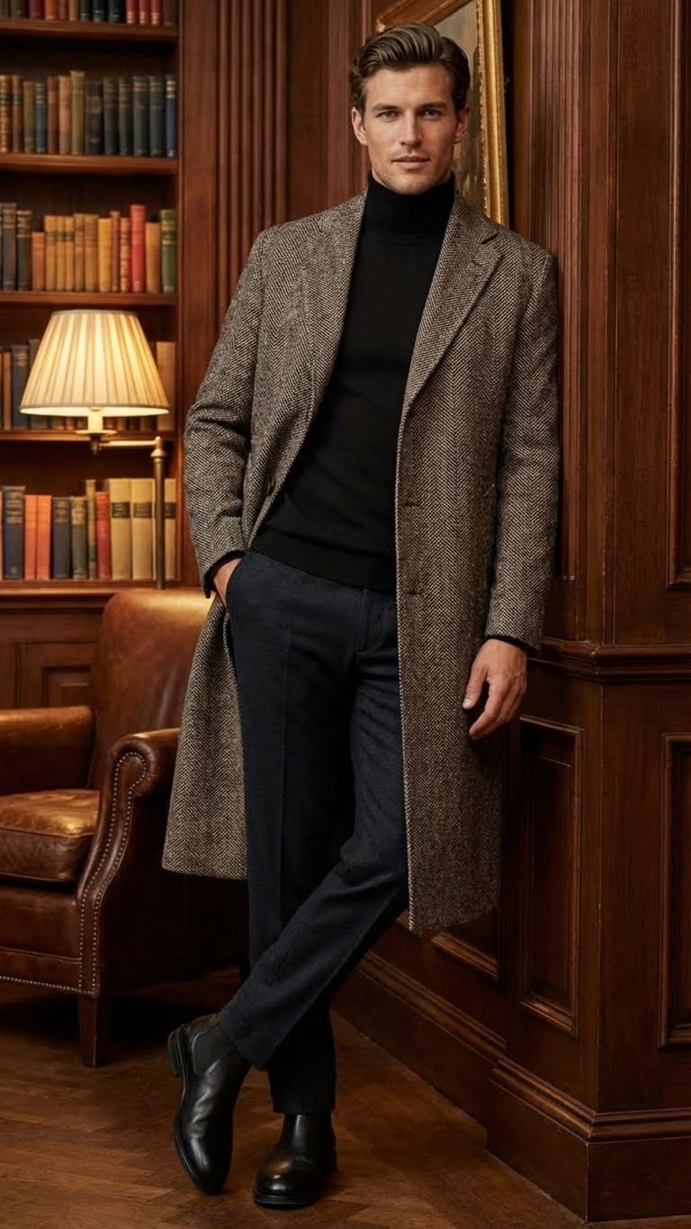 Men’s Black & Grey  Herringbone Tweed Wool Blend Overcoat – Classic Single-Breasted Winter Blazer Carcoat