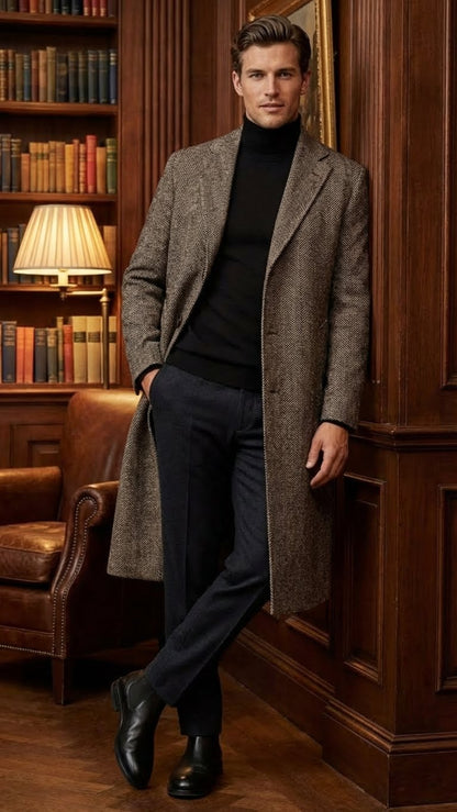 Men’s Black & Grey  Herringbone Tweed Wool Blend Overcoat – Classic Single-Breasted Winter Blazer Carcoat