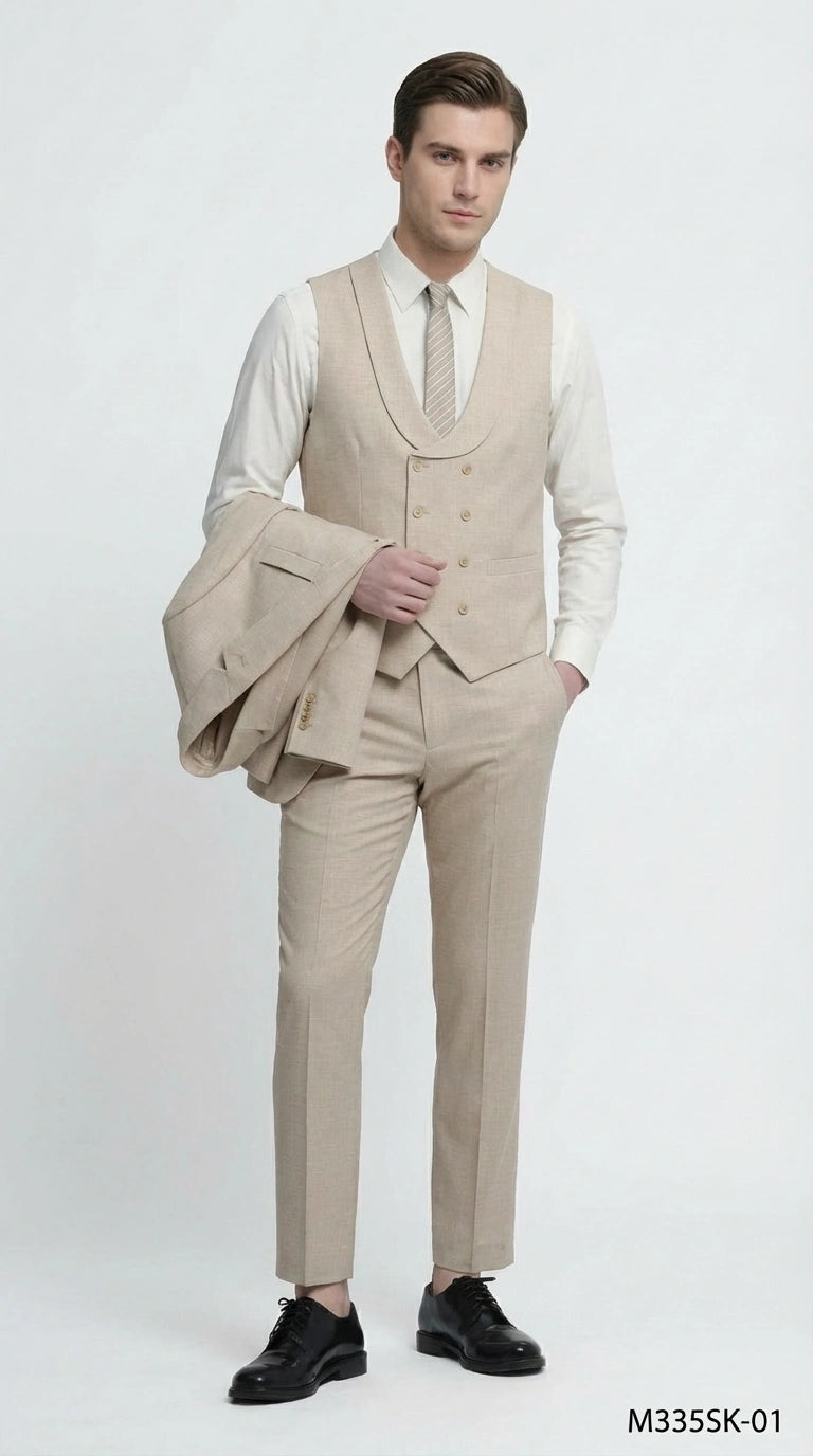Mens Sand Beige 3 Piece Suit – Double breasted Vest Formal Suit Set  and Dress Pants in Champaign Natural Summer Color Modern Fit