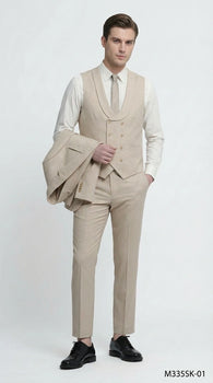 Mens Sand Beige 3 Piece Suit – Double breasted Vest Formal Suit Set  and Dress Pants in Champaign Natural Summer Color