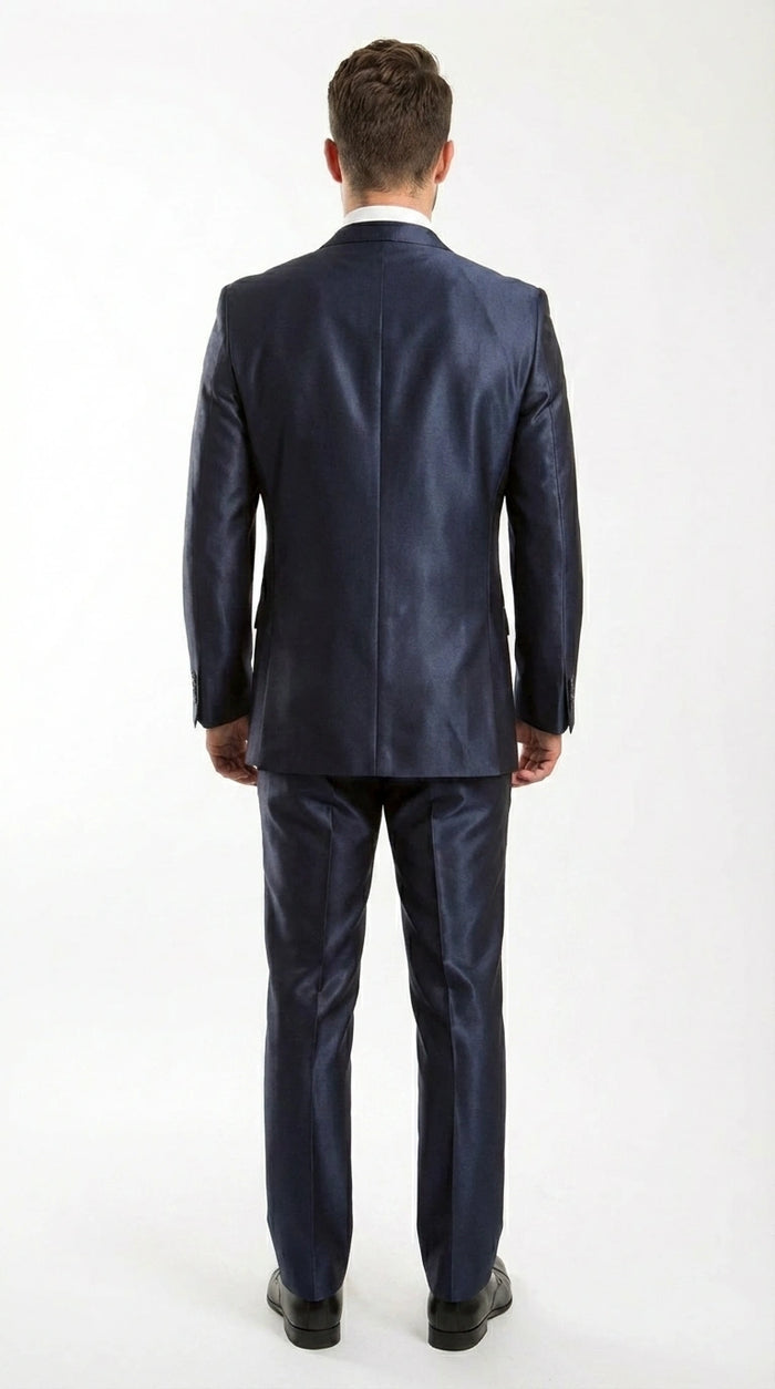 Men’s Navy Blue Sharkskin 3 Piece Suit – Two Button Vested Shiny Formal Suit for Wedding, Prom, Business and Party Wear Modern Fit