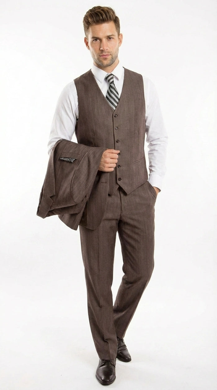 Men’s Brown Sharkskin 3 Piece Suit – Textured Two Button Vested Business Formal Suit for Wedding, Party Wear Vested Modern Fit