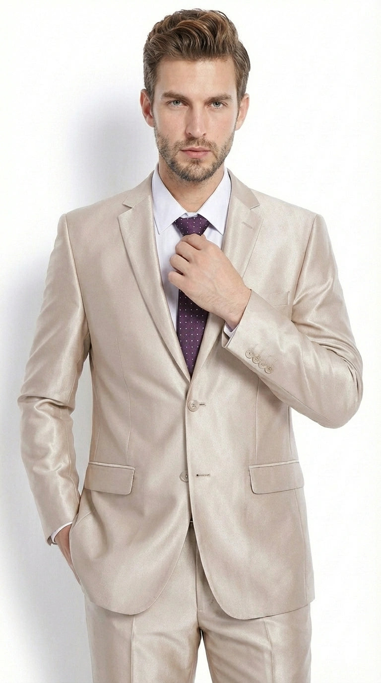 Men’s Champagne Tan Sharkskin 2 Button Suit – Shiny Formal Suit with Optional Vest for Wedding, Prom, Business Beige Color Modern Fit