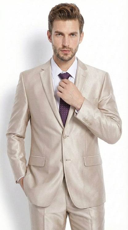 Men’s Champagne Tan Sharkskin 2 Button Suit – Shiny Formal Suit with Optional Vest for Wedding, Prom, Business Beige Color Modern Fit