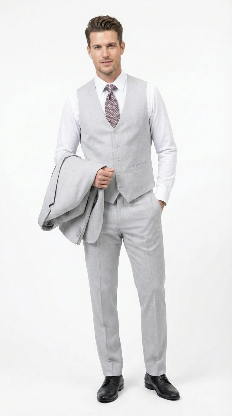 Men’s Light Grey Sharkskin 3 Piece Suit – Two Button Vested Modern Formal Business Suit for Wedding in silver Ice Gray Modern Fit