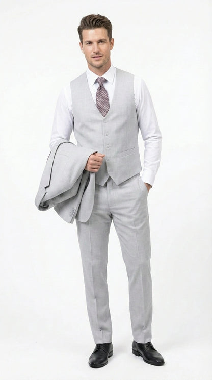 Men’s Light Grey Sharkskin 3 Piece Suit – Two Button Vested Modern Formal Business Suit for Wedding in silver Ice Gray Modern Fit