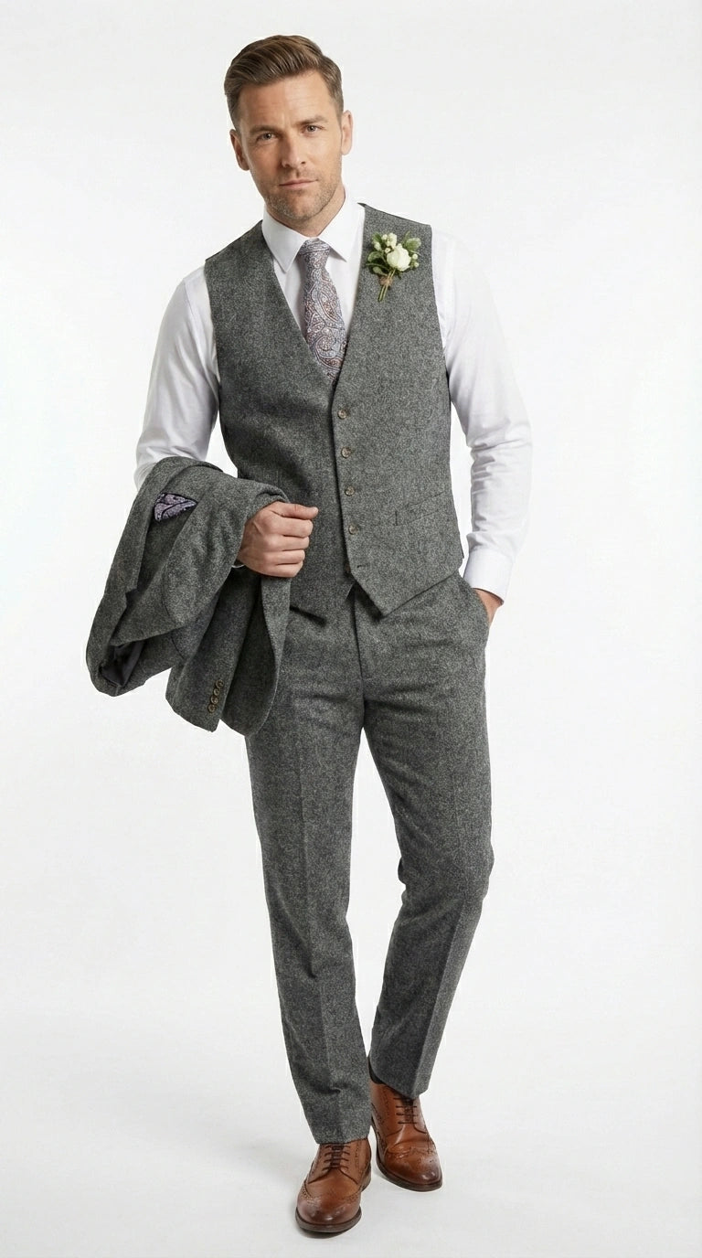 Men’s Peaky Blinder Light Grey Tweed Suit with Vest – Classic Three Piece Formal Suit, Vintage Wedding Business Outfit
