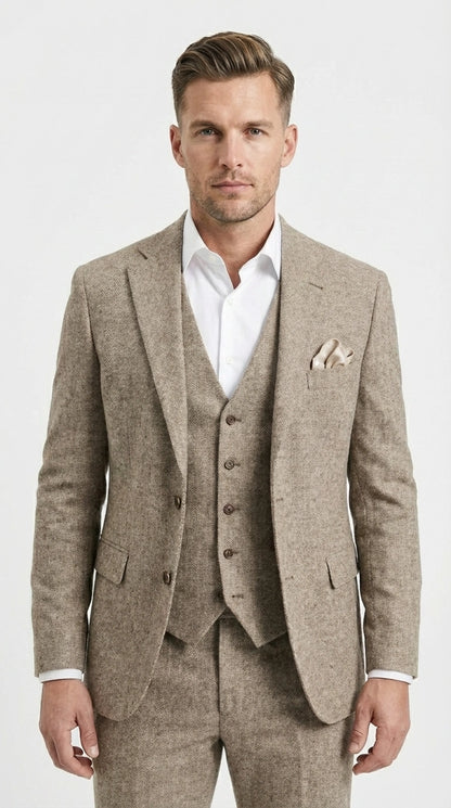 Men’s Light Beige Herringbone Tweed Suit with Vest – Classic Three Piece Formal Suit, Vintage Business Wedding Outfit, Elegant Smart Casual Wear